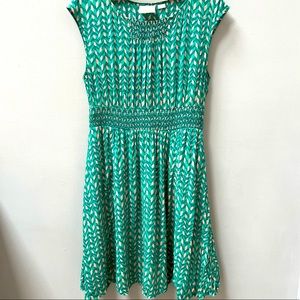 MAEVE Anthropologie Evaline Dress Green with Pink Geo Front Pockets size M
